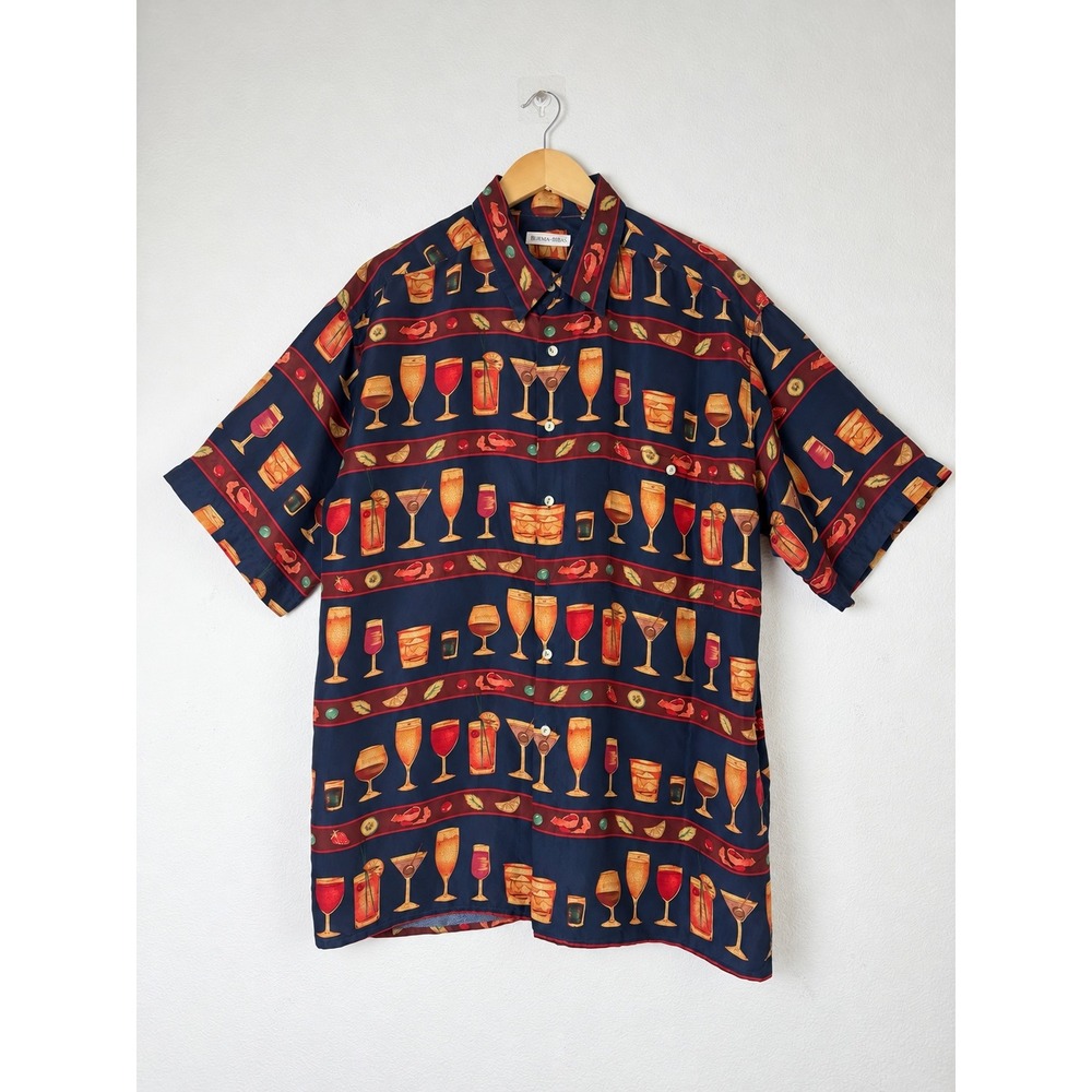 VTG Burma Bibas Mens Silk Shirt L Navy Cocktail Drink Print Resort Tiki Novelty